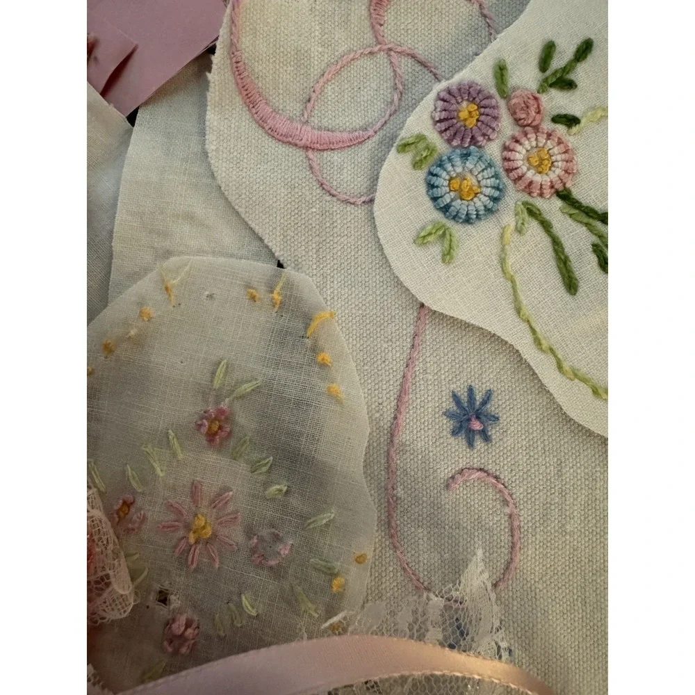 Blue & Pink Kit 35+ Vintage Embroidered Linens Lace Button Junk Journal vintage